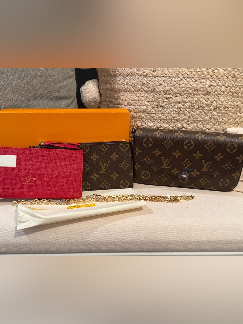 LV Real Leather Brown Monogram Crossbody Wallet with Gold Chain